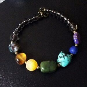 8" ~ 7 Chakra Bracelet! Loaded w. Semi-Precious Stones + Smokey Crystal Beads